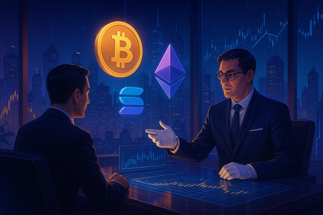 men sitting for a deal and logos of btc eth and SOL